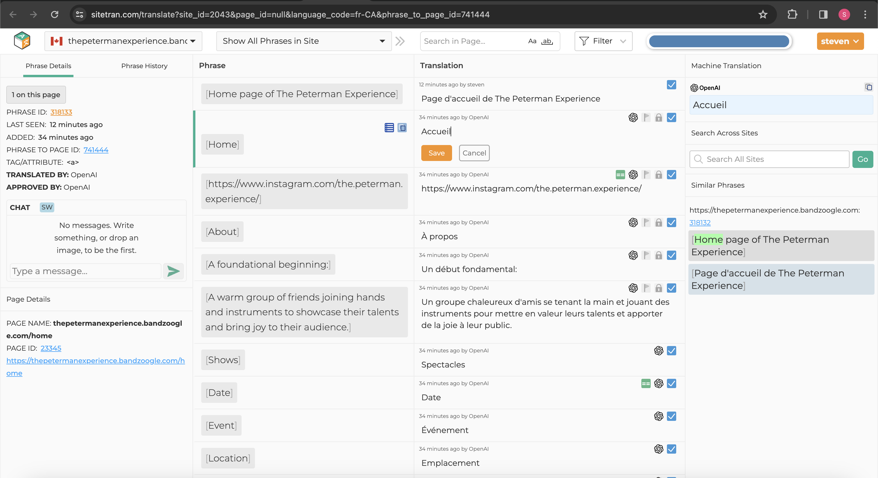 Bandzoogle demo site integrated with SiteTran